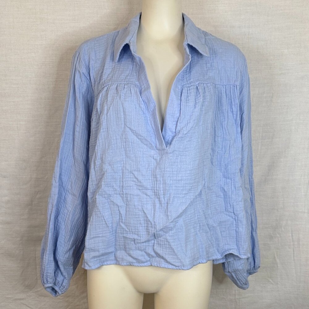 Light Blue Women's Gauze Peasant Blouse - Picture 1 of 8